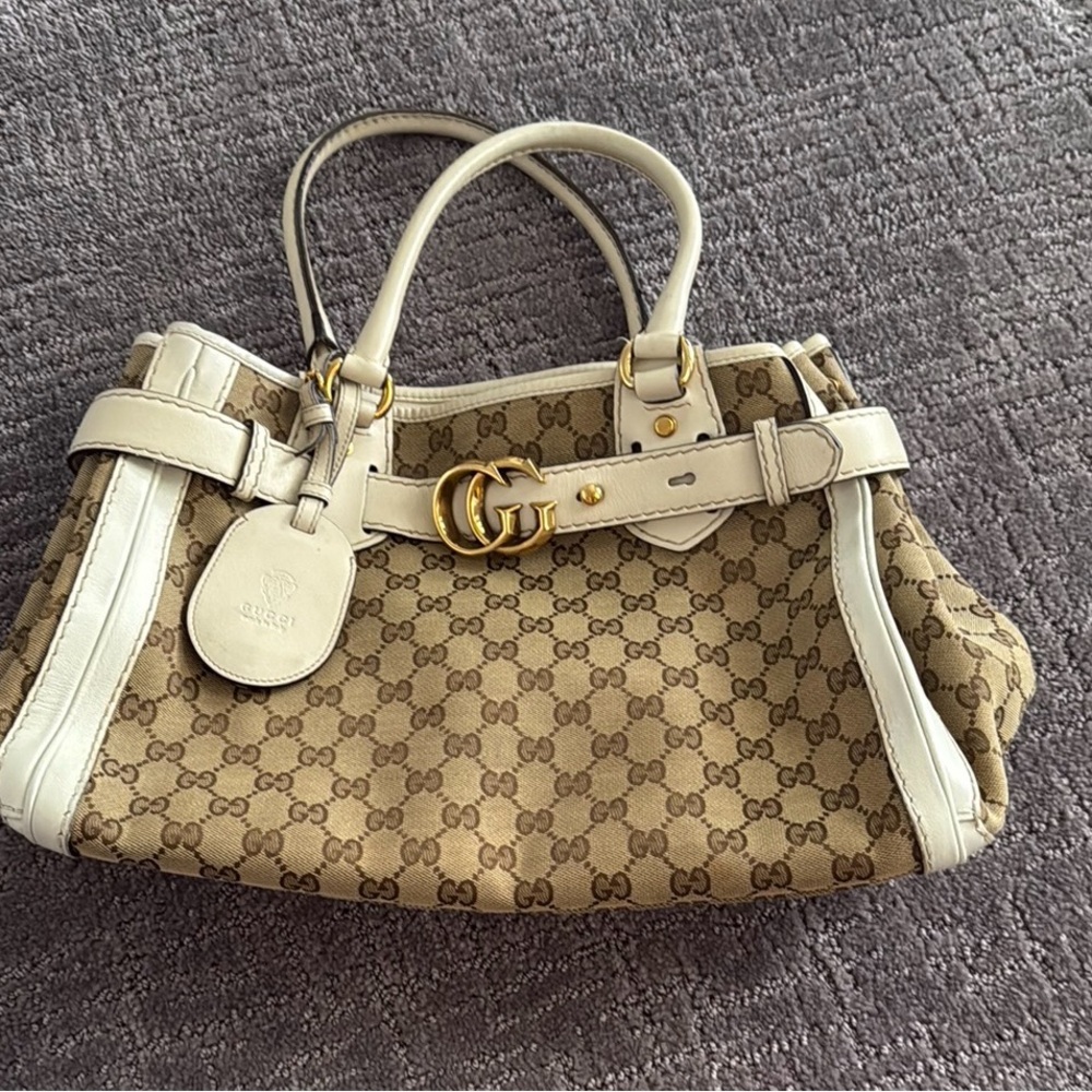 Gucci Brown and Cream Satchel with GG Monogram